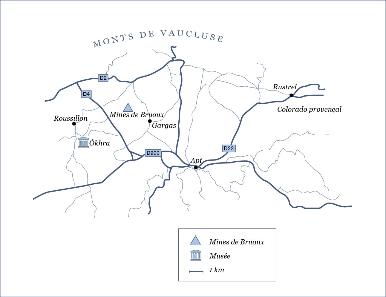 Carte du pays des ocres : Roussillon et le sentier des ocres, Gargas et la mine de Bruoux, l'Okhra et le Colorado provençal