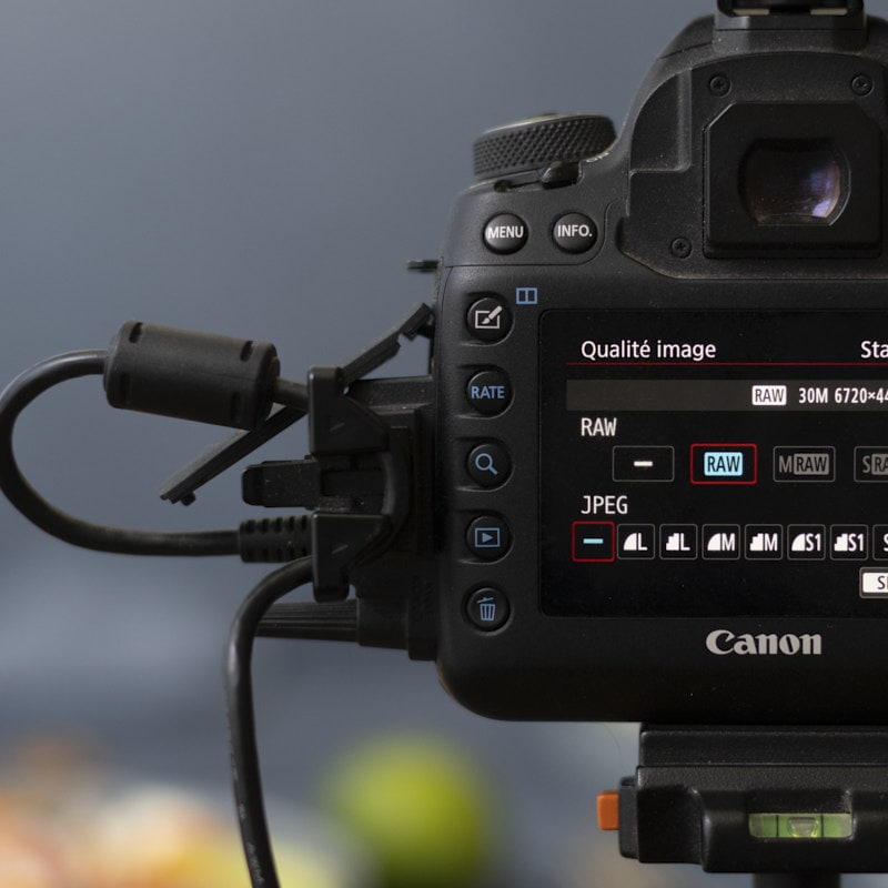 Dos d'un appareil photo montrant le menu Qualité d'image avec RAW sélectionné.