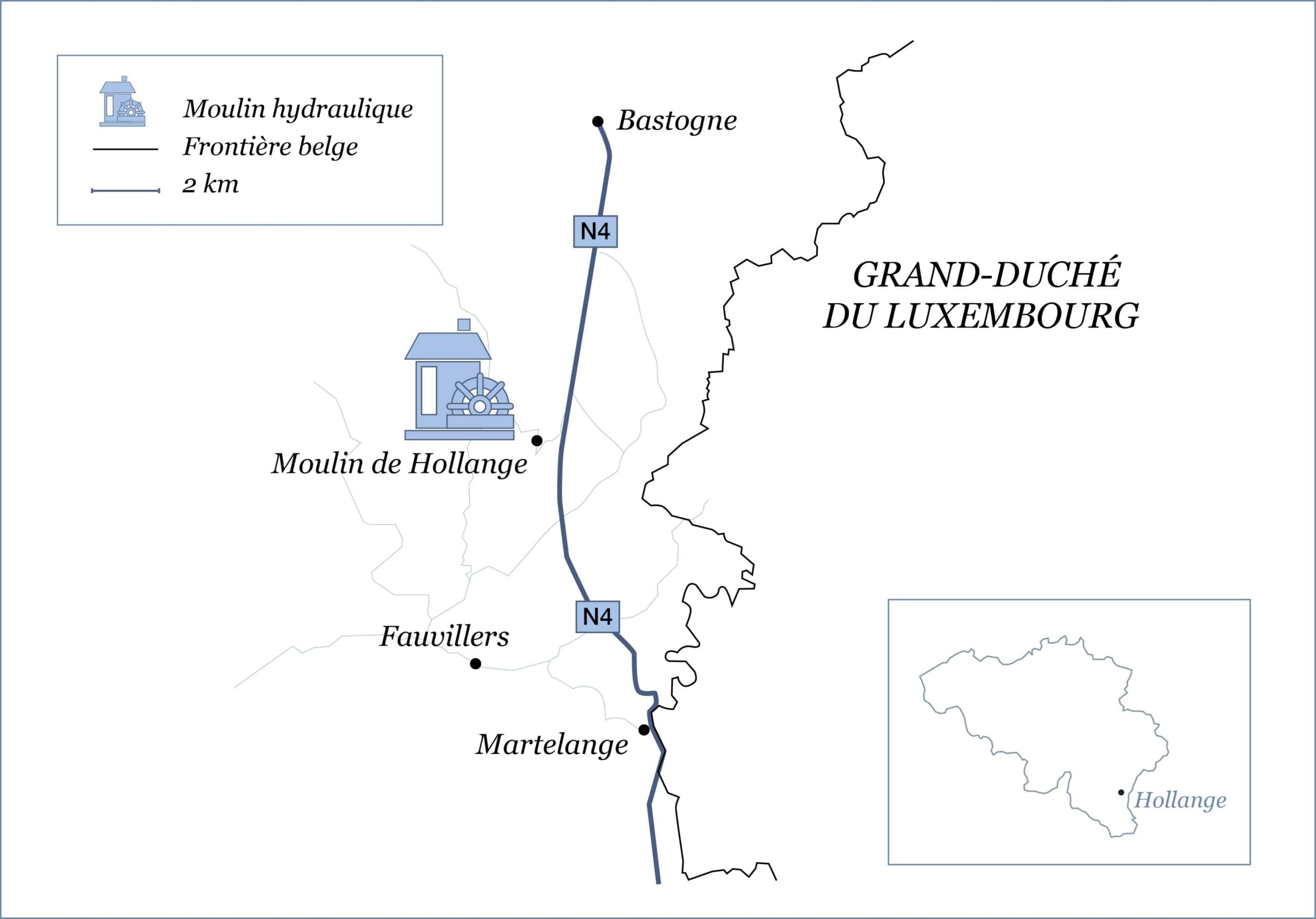 Carte des alentours du moulin de Hollange