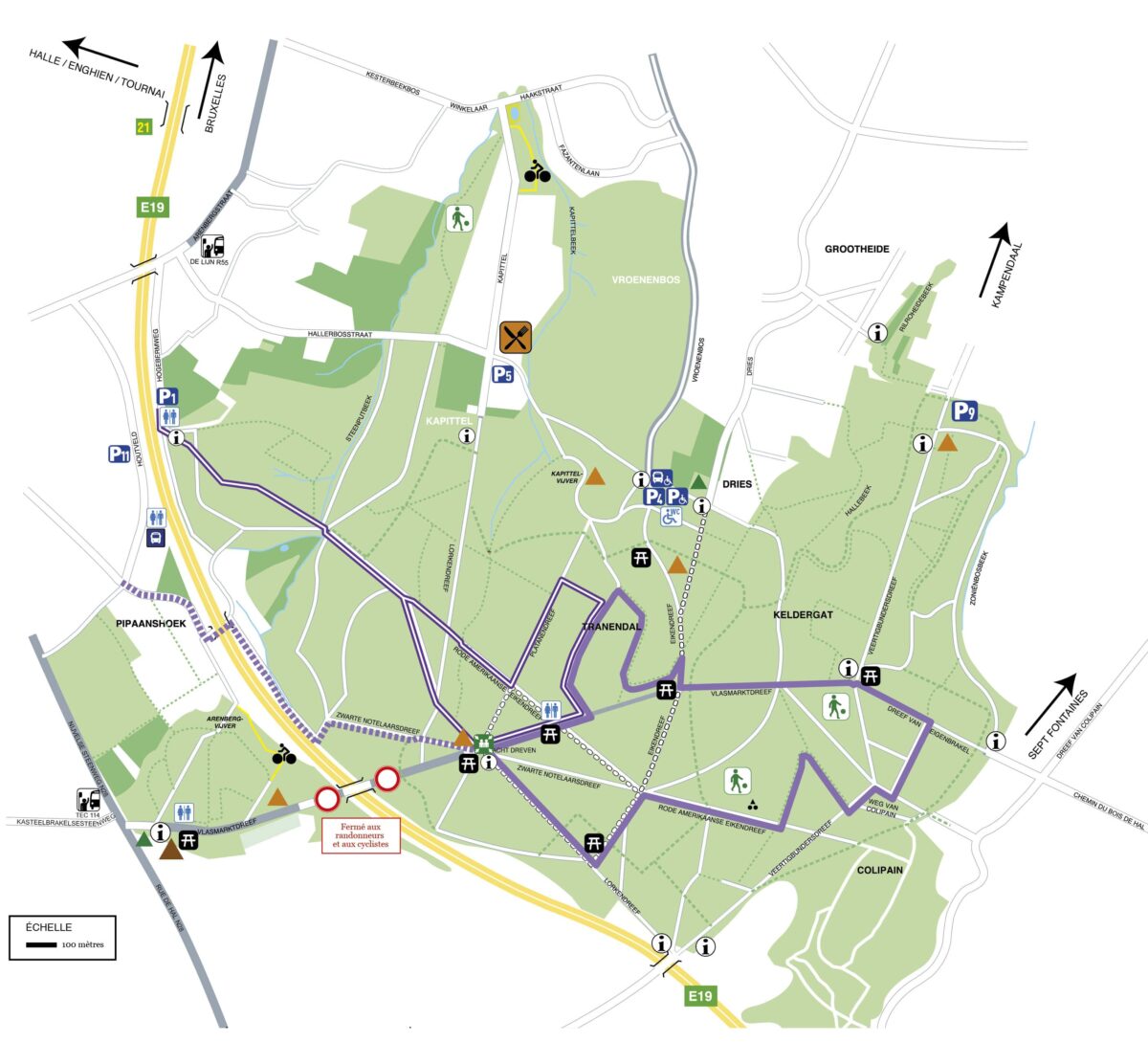 Carte du bois de Halle avec les promenades des jacinthes.