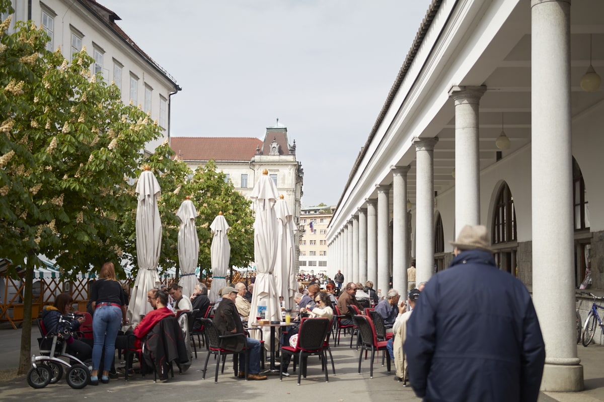 Le marché centrale de Ljubljana et ses colonnes.