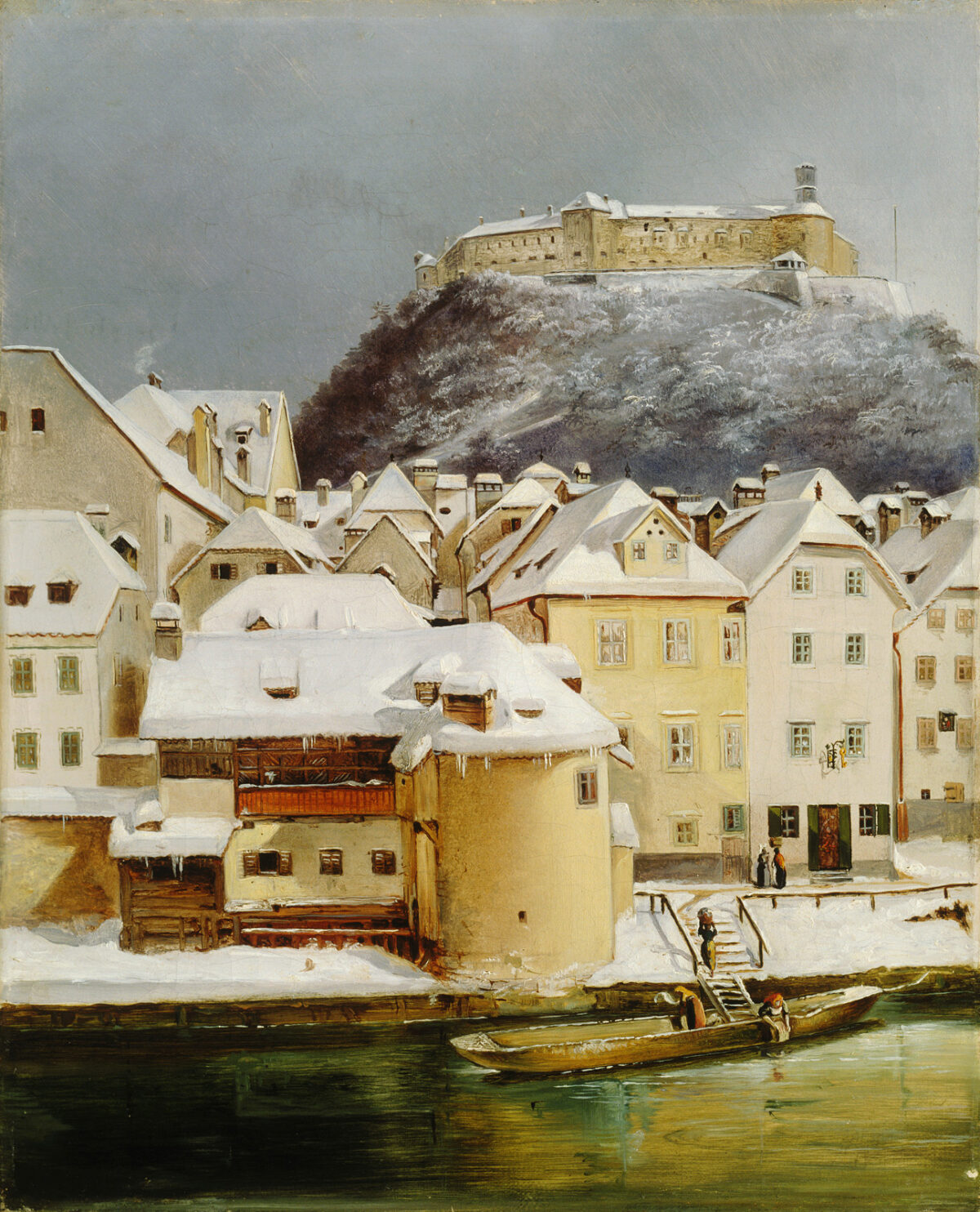 Toile de Pavel Künl montrant Ljubljana sous la neige en 1847.