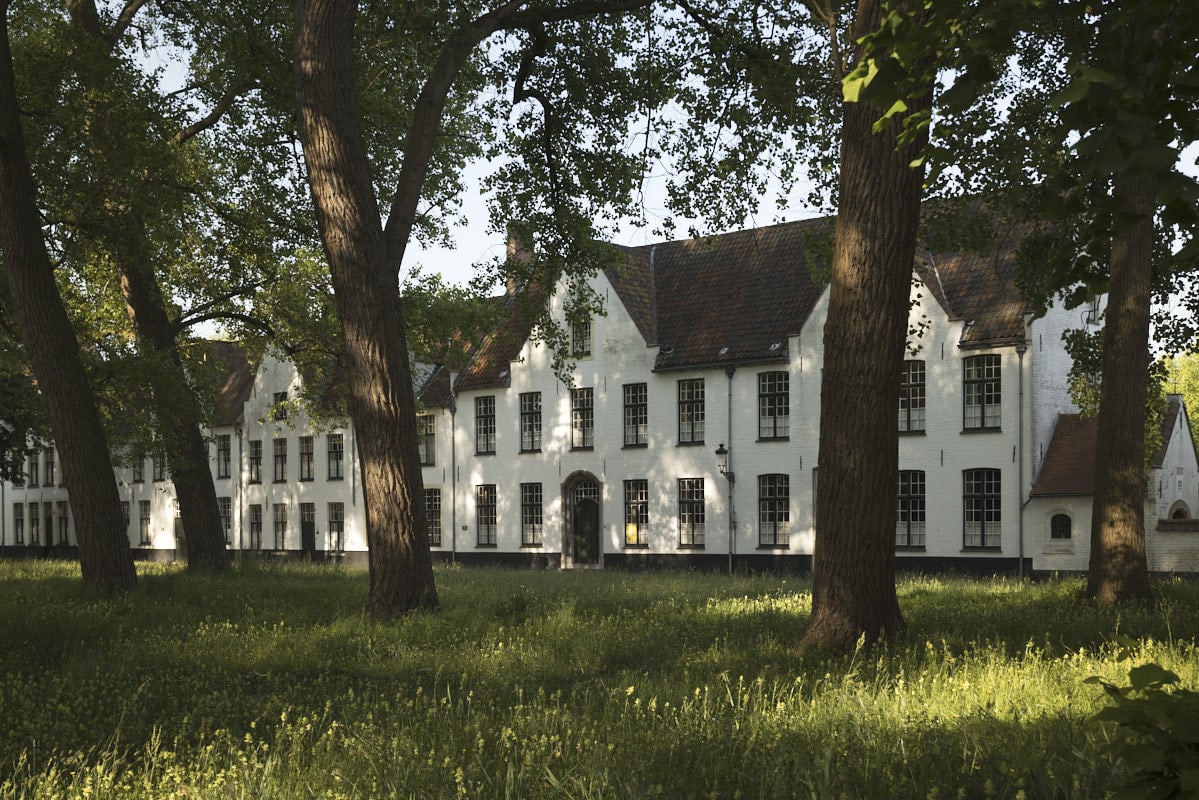 Maisons du béguinage de Bruges derrière les arbres
