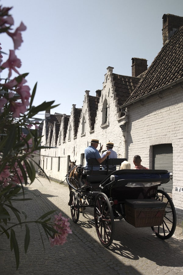 Une rue de Bruges longée de maisons-Dieu où s'engouffre une calèche.