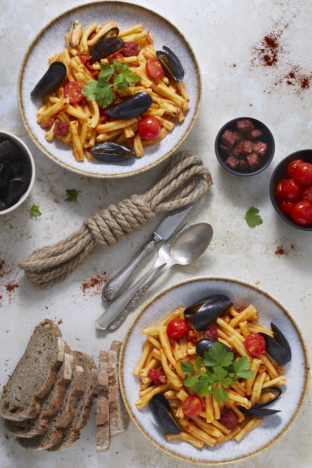 Deux assiettes de pâtes aux moules à l'espagnole accompagnées d'un supplément de chorizo et de tomates cerises.