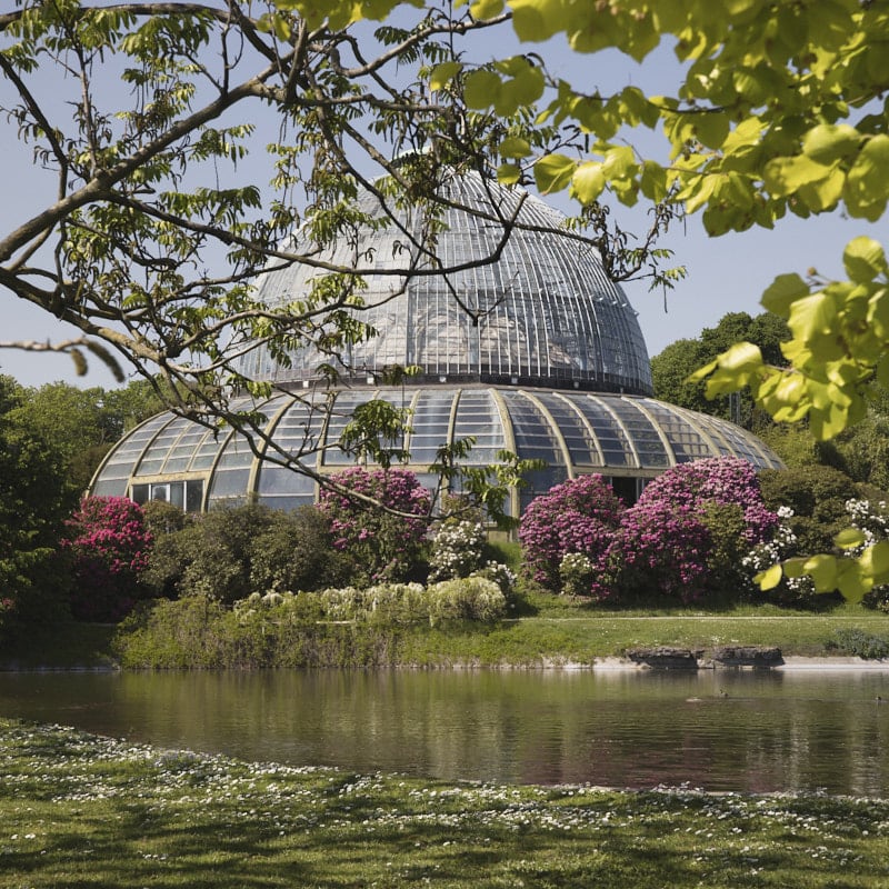 Les serres royales de Laeken vues depuis l'extérieur dans le jardin.