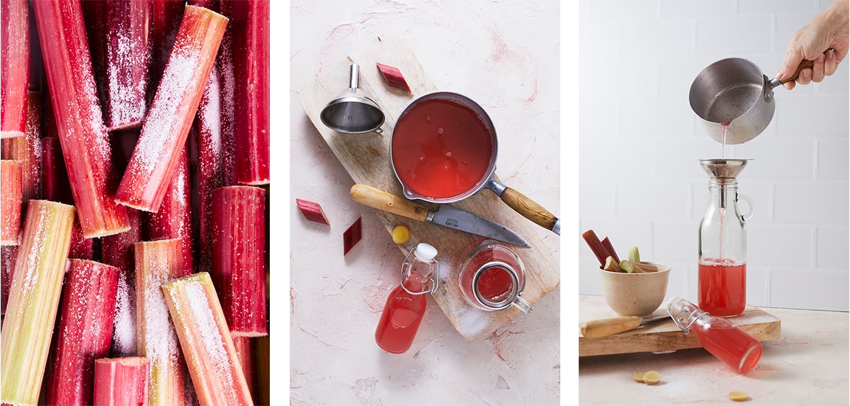 Tryptique avec des tronçons de rhubarbe en gros plan à gauche, une casserole de sirop de rhubarbe en flatlay au centre et à droite, une bouteille que l'on remplit de sirop de rhubarbe.