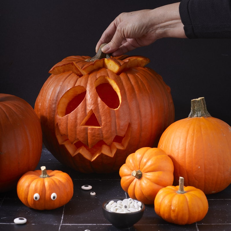 Main soulevant le chapeau d’une lanterne d’Halloween sculptée, entourée de petites courges